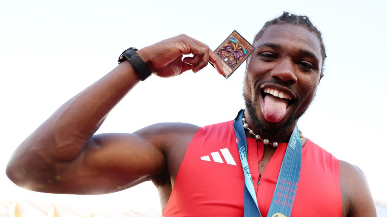 EUGENE, OREGON - JUNE 23: Noah Lyles poses with a Yu Gi Oh card and the gold medal after winning the men's 100 meter final on Day Three 2024 U.S. Olympic Team Trials Track & Field at Hayward Field on June 23, 2024 in Eugene, Oregon. (Photo by Christian Petersen/Getty Images)