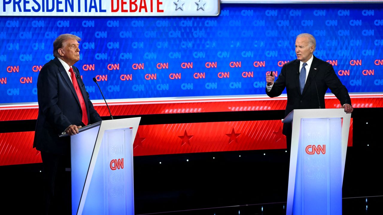 TOPSHOT - Former US President and Republican presidential candidate Donald Trump leaves the stage during a commercial break as he participates in the first presidential debate of the 2024 elections with US President Joe Biden at CNN's studios in Atlanta, Georgia, on June 27, 2024. (Photo by ANDREW CABALLERO-REYNOLDS / AFP) (Photo by ANDREW CABALLERO-REYNOLDS/AFP via Getty Images)