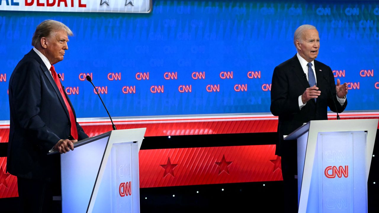 US President Joe Biden and former US President and Republican presidential candidate Donald Trump participate in the first presidential debate of the 2024 elections at CNN's studios in Atlanta, Georgia, on June 27, 2024. (Photo by ANDREW CABALLERO-REYNOLDS / AFP) (Photo by ANDREW CABALLERO-REYNOLDS/AFP via Getty Images)