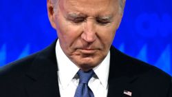 TOPSHOT - US President Joe Biden looks down as he participates in the first presidential debate of the 2024 elections with former US President and Republican presidential candidate Donald Trump at CNN's studios in Atlanta, Georgia, on June 27, 2024. (Photo by Andrew CABALLERO-REYNOLDS / AFP) (Photo by ANDREW CABALLERO-REYNOLDS/AFP via Getty Images)