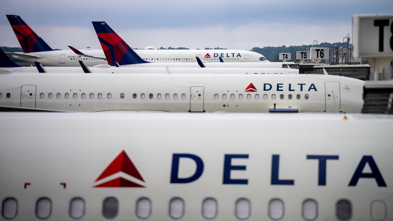 ATLANTA, GEORGIA - JUNE 28: Delta Airlines planes sit parked at Hartsfield-Jackson Atlanta International Airport on June 28, 2024 in Atlanta, Georgia. The Transportation Security Administration (TSA) says they are anticipating a "sustained period of high passenger volumes" that will break previous travel records. (Photo by Andrew Harnik/Getty Images)