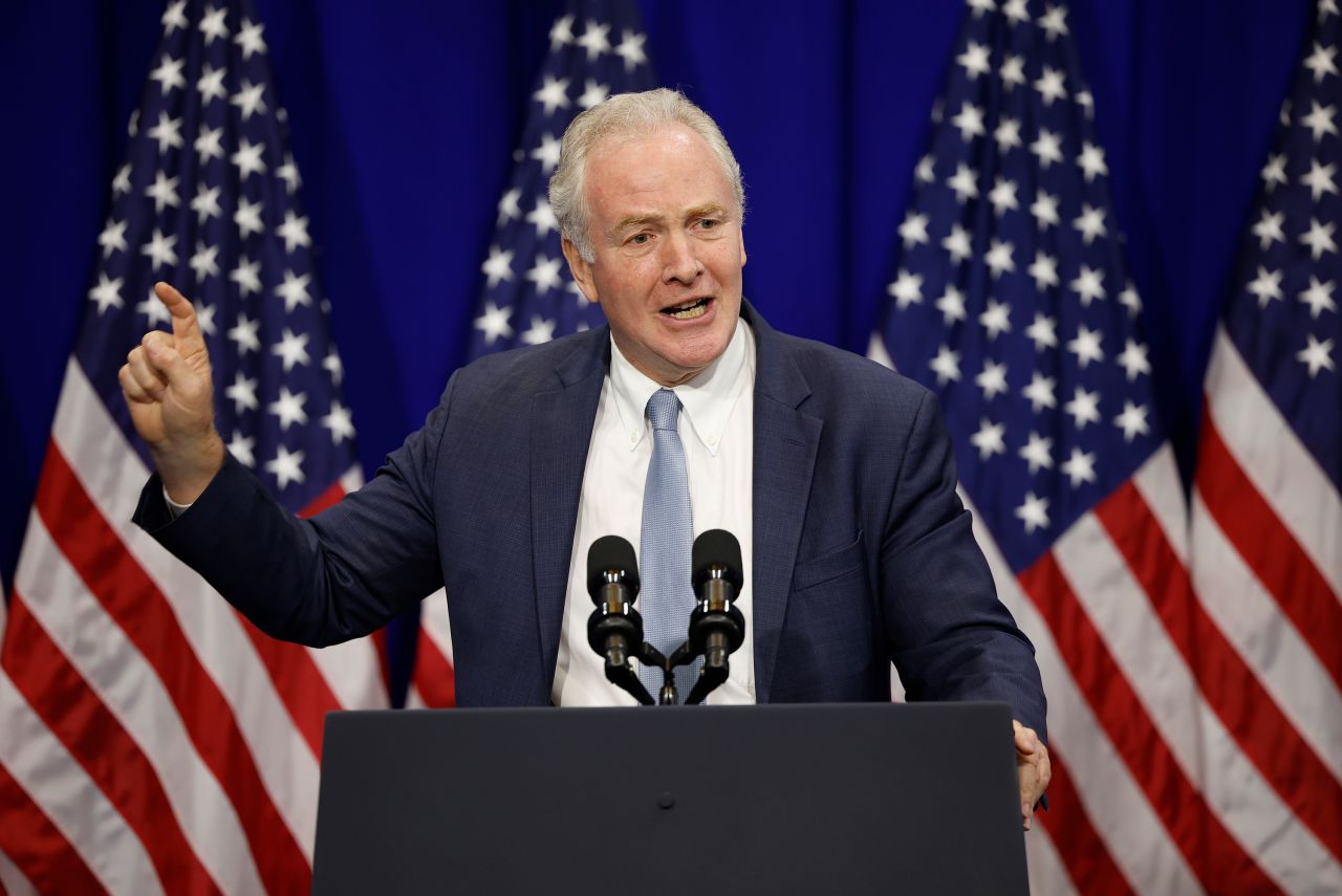 Sen. Chris Van Hollen speaks at the University of Maryland in College Park, Maryland, on June 24, 2024.