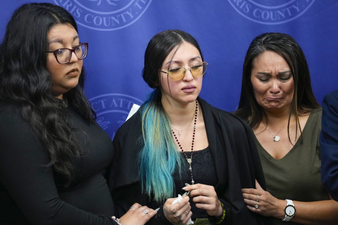 Alexis Nungaray, the mother of Jocelyn Nungaray, center,  is seen at a news conference Monday in Houston, after speaking about her daughter.