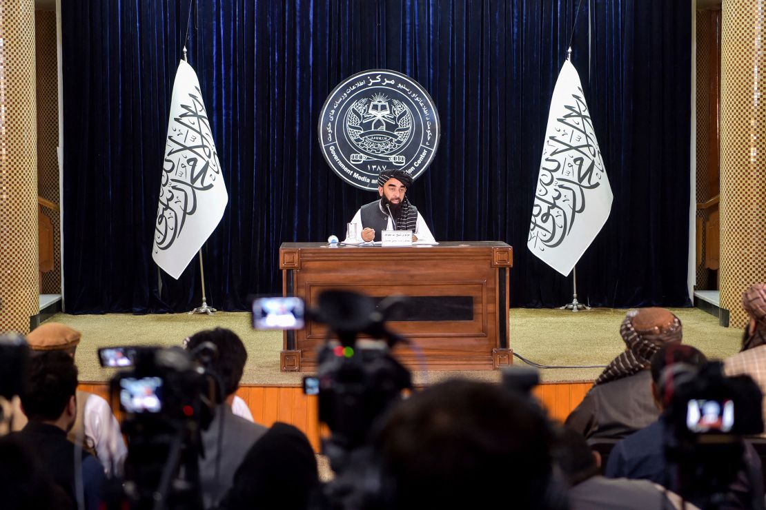A Taliban spokesman addresses a press conference in Kabul on June 29, 2024.