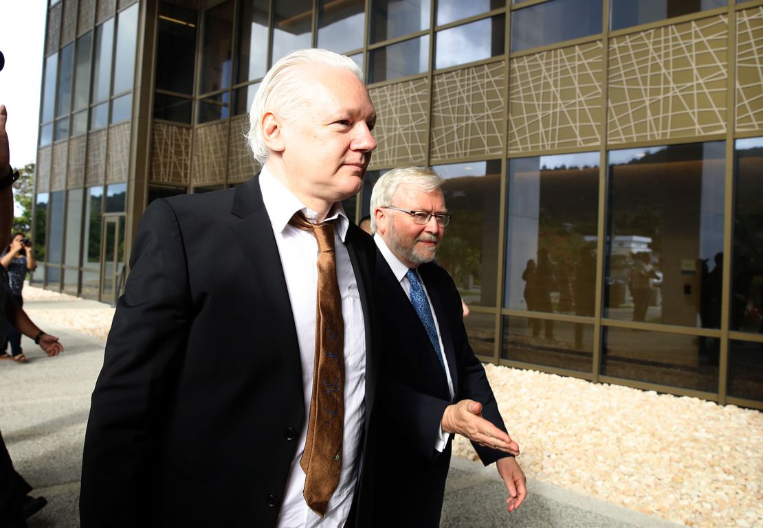 WikiLeaks founder Julian Assange is joined by Kevin Rudd, Australian Ambassador to the US, as he arrives at the courthouse in Saipan on  June 26, 2024.