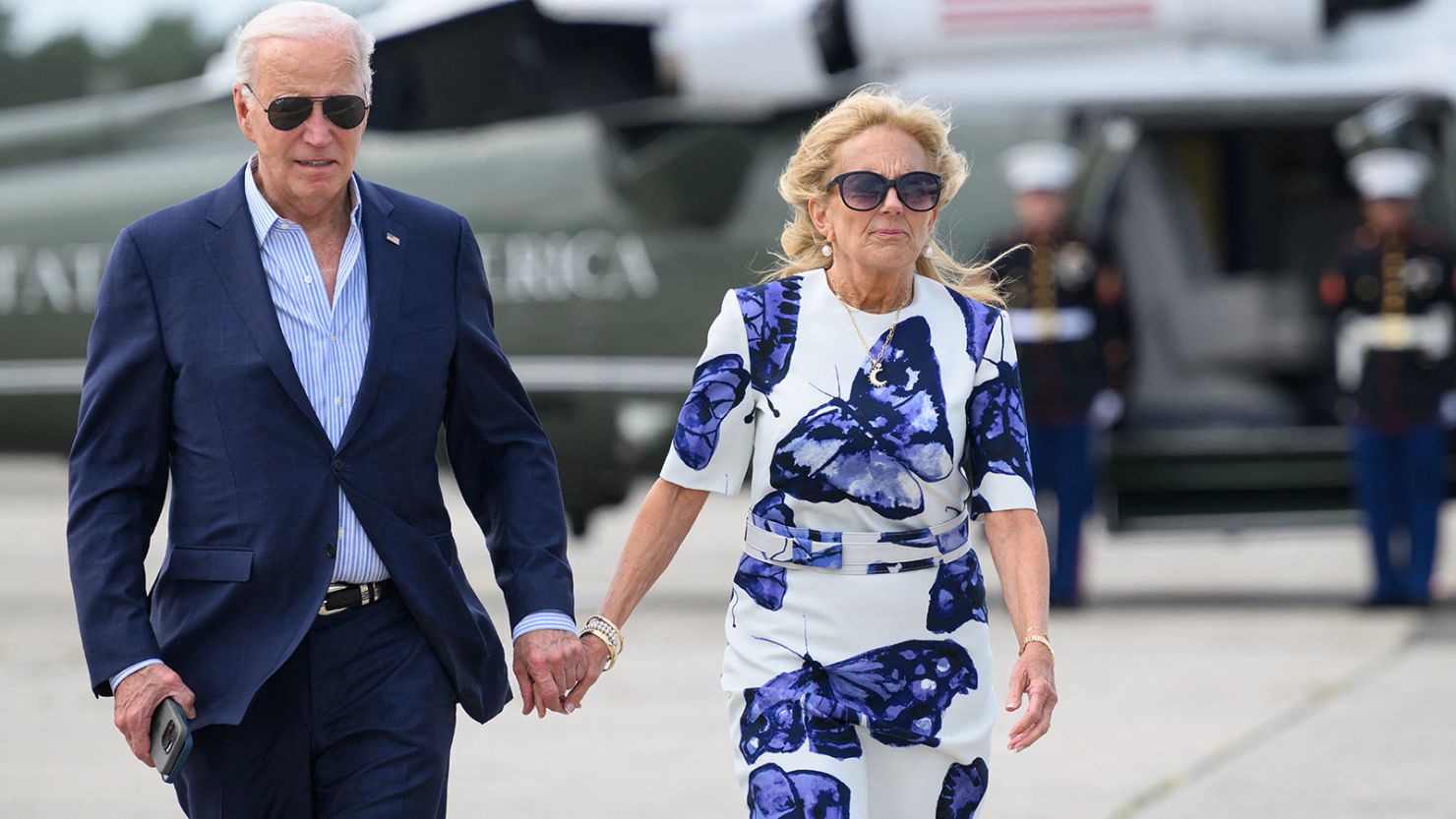 President Joe Biden and first lady Jill Biden walk in Westhampton Beach, New York on June 29, 2024.