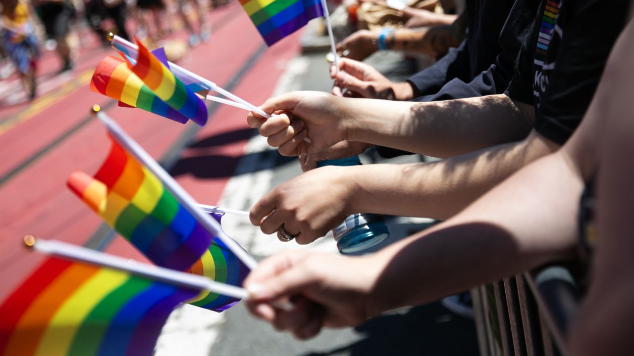 Parade goers hold Pride flags during the annual Pride Parade in San Francisco on June 29, 2024.
