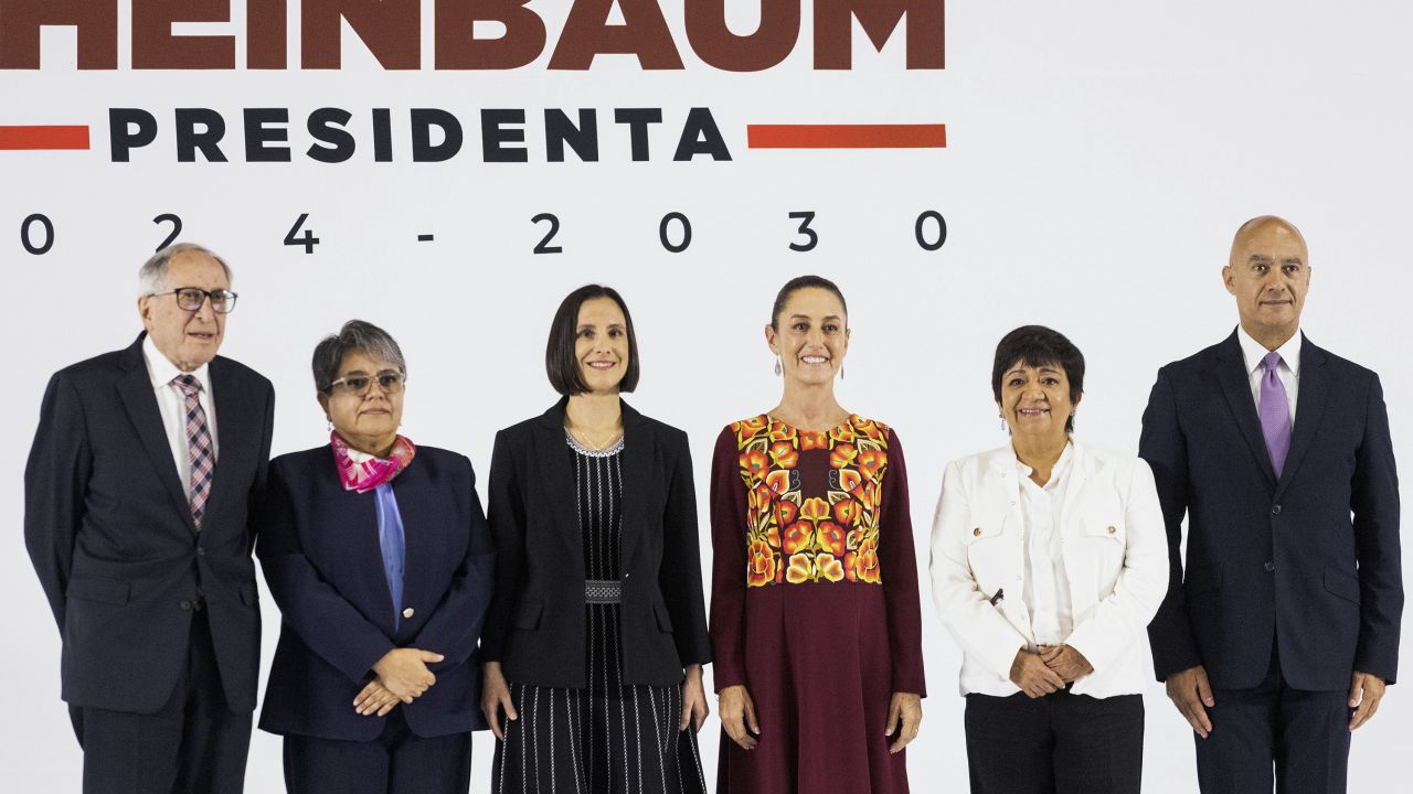 MEXICO CITY, MEXICO - JUNE 27: President-Elect Claudia Sheinbaum poses next to David Kershenobich, next Secretary of Health, Raquel Buenrostro, next Secretary of Public Function, Luz Elena González, next Secretary of Energy, Edna Elena Vega, next Secretary of Agrarian, Territorial and Urban Development and Jesús Antonio Esteva Medina, next Secretary of Communications and Transportation during the announcement of the Government Cabinet at MIDE- Museo Interactivo de EconomÌa on June 27, 2024 in Mexico City, Mexico. President-Elect Claudia Sheinbaum announced a part of her cabinet on June 20. (Photo by Cristopher Rogel Blanquet/Getty Images)