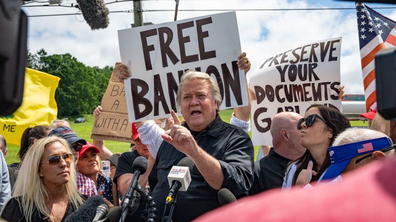 DANBURY, CONNECTICUT - JULY 1: Steve Bannon, the former Donald Trump White House strategist, addresses the media at the Federal Correctional Institution Danbury where he is expected to begin his four-month sentence on July 1, 2024 in Danbury, Connecticut. Bannon will be imprisoned for contempt of Congress, his conviction for not complying with issued subpoenas by the now-defunct House Select Committee that investigated the January 6, 2021 attack on the Capitol. Bannon attempted to avoid reporting to prison while challenging his conviction before the federal appeals court in Washington, DC but was denied by the Supreme Court. (Photo by David Dee Delgado/Getty Images)