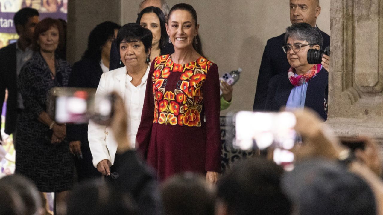 MEXICO CITY, MEXICO - JUNE 27: President-Elect Claudia Sheinbaum smiles as she arrives at the announcement of the Government Cabinet at MIDE- Museo Interactivo de EconomÌa on June 27, 2024 in Mexico City, Mexico. President-Elect Claudia Sheinbaum announced a part of her cabinet on June 20. (Photo by Cristopher Rogel Blanquet/Getty Images)