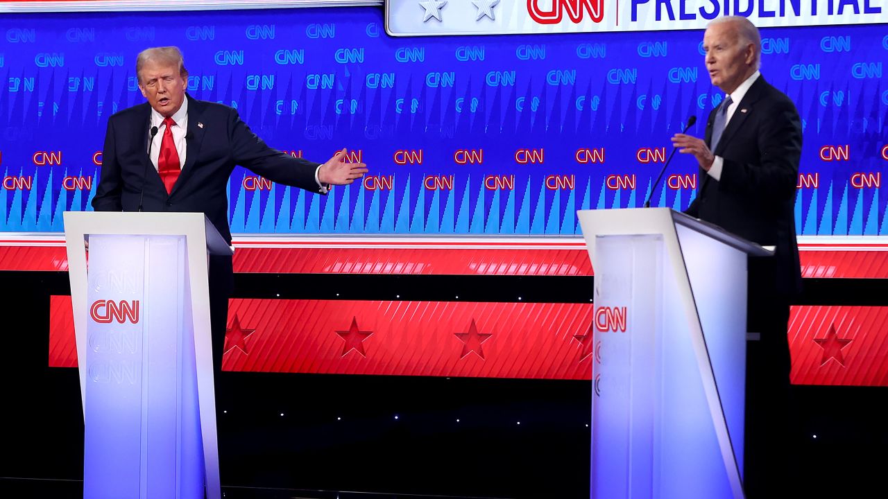 ATLANTA, GEORGIA - JUNE 27: U.S. President Joe Biden (R) and Republican presidential candidate, former U.S. President Donald Trump participate in the CNN Presidential Debate at the CNN Studios on June 27, 2024 in Atlanta, Georgia. President Biden and former President Trump are facing off in the first presidential debate of the 2024 campaign. (Photo by Justin Sullivan/Getty Images)