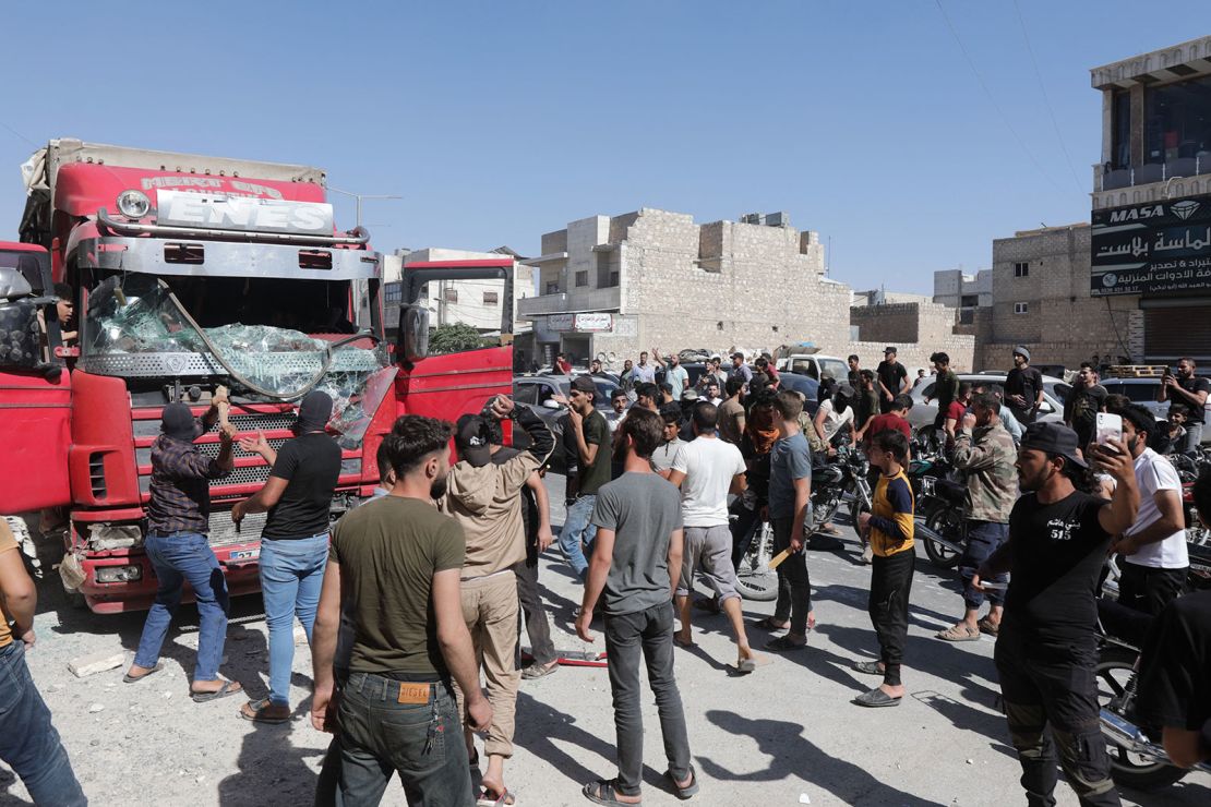 Protesters in al-Bab, Aleppo, Syria, attack a Turkish truck during demonstrations against Turkey on July 1, 2024.