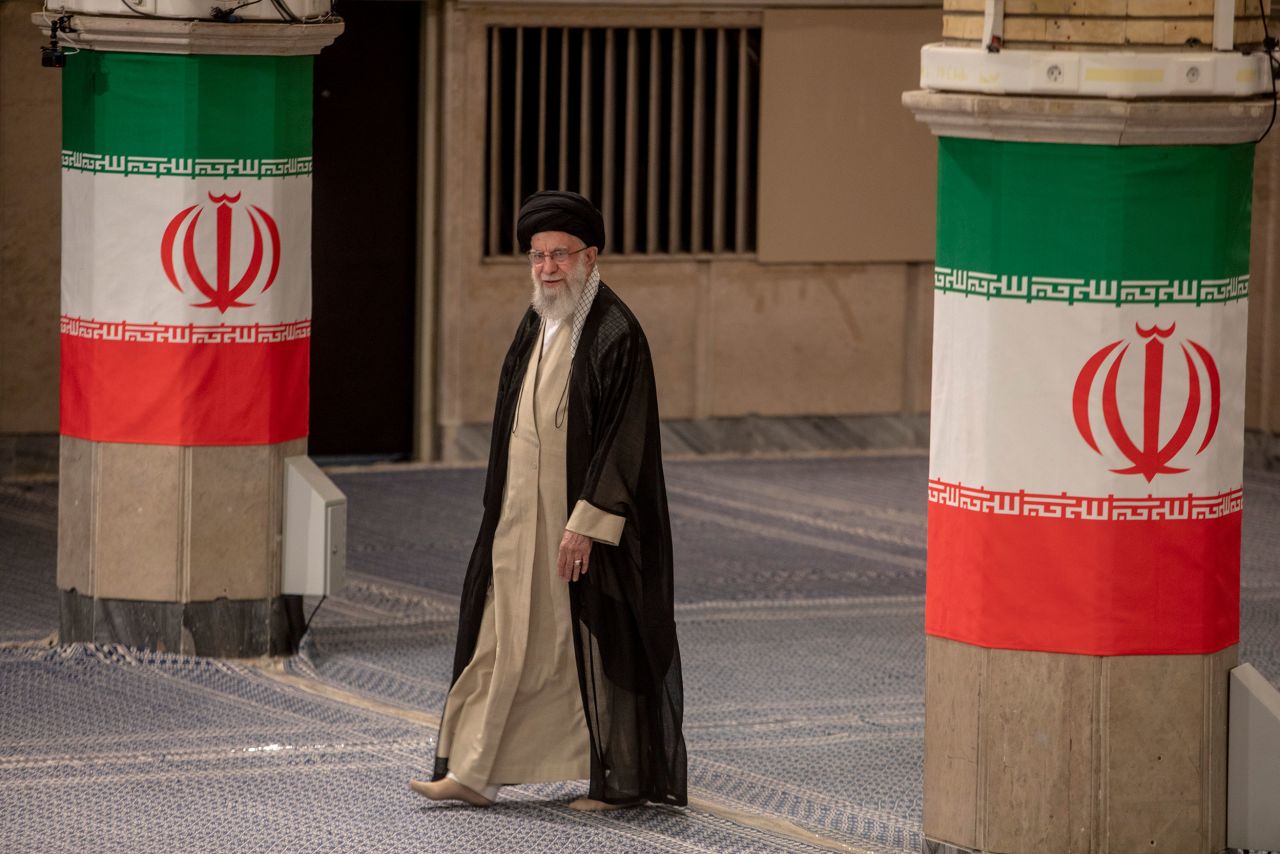 Iran's Supreme Leader Ayatollah Ali Khamenei seen as he casts his vote for the snap presidential election at the Imam Khomeini Husseiniya on June 28, 2024 in Tehran, Iran.