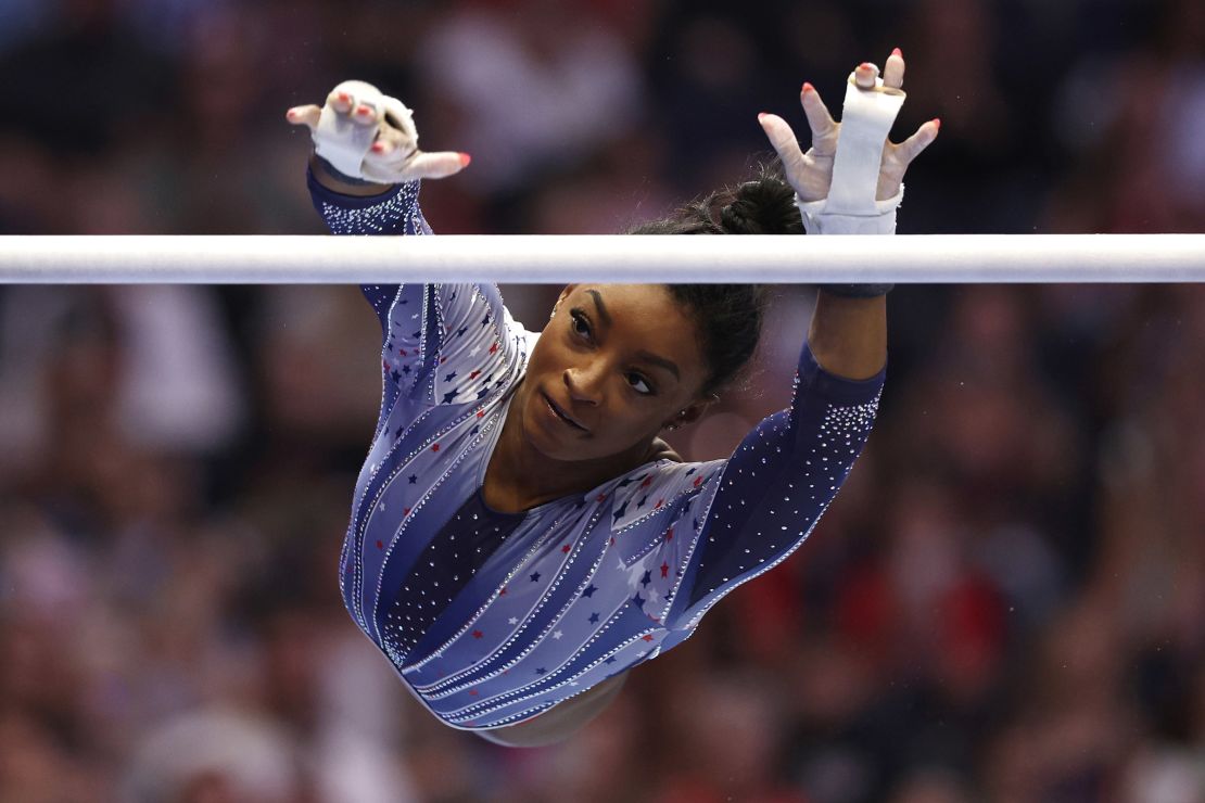 Simone Biles competes on the uneven bars on Day Two of the 2024 U.S. Olympic Team Gymnastics Trials at Target Center in Minneapolis, Minnesota on June 28, 2024.