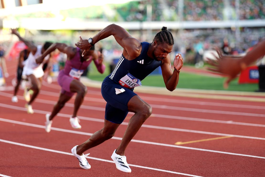 Noah Lyles competes in the men's 200 meter semi-final on Day Eight of the 2024 U.S. Olympic Team Track & Field Trials at Hayward Field on June 28, 2024 in Eugene, Oregon.(Photo by Patrick Smith/Getty Images)