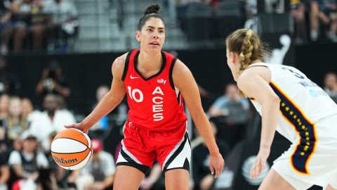 LAS VEGAS, NV - JULY 2: Kelsey Plum #10 of the Las Vegas Aces handles the ball during the game  against the Indiana Fever on July 2, 2024 at T-Mobile Arena in Las Vegas, Nevada. NOTE TO USER: User expressly acknowledges and agrees that, by downloading and or using this photograph, User is consenting to the terms and conditions of the Getty Images License Agreement. Mandatory Copyright Notice: Copyright 2024 NBAE (Photo by Jeff Bottari/NBAE via Getty Images)