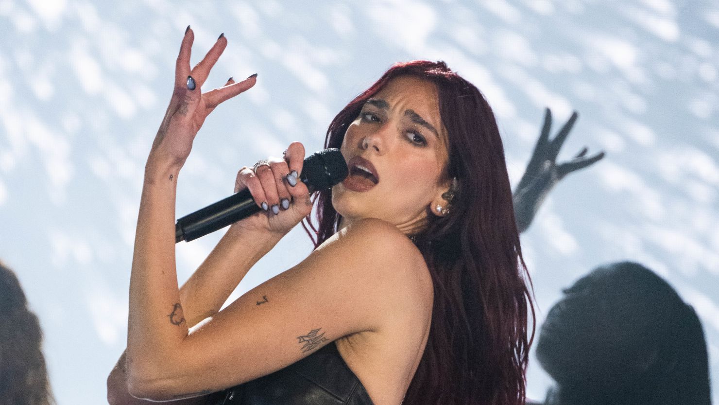 Dua Lipa performing during the 2024 Glastonbury Festival in England.