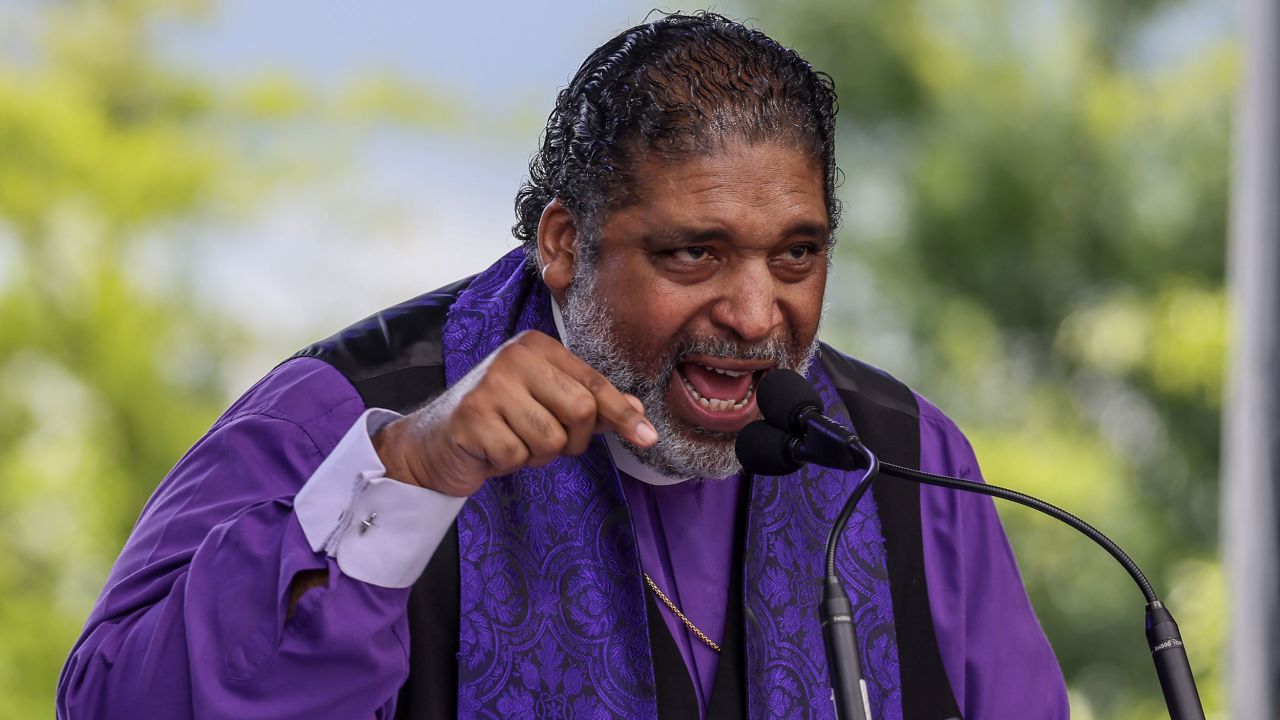 WASHINGTON, DC - JUNE 29: Reverend Dr. William Barber II speaks to activists during the Mass Poor People's & Low-Wage Workers' Assembly & Moral March On Washington DC & To The Polls on Pennsylvania Ave on June 29, 2024 in Washington, DC. (Photo by Jemal Countess/Getty Images for Repairers of the Breach)