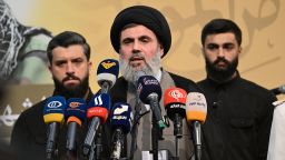 BEIRUT, LEBANON - JULY 04: Head of Hezbollah political bureau Hashem Safieddine addresses mourners during the funeral ceremony of Hezbollah Military Commander Mohamed Naim Nasser, also known as Hajj Abu Naim, who was killed in an Israeli strike in southern Lebanon on July 04, 2024 in Beirut, Lebanon. (Photo by Houssam Shbaro/Anadolu via Getty Images)