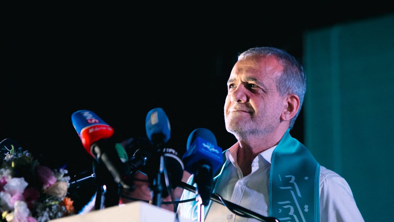 Masoud Pezeshkian one of the two candidates qualifying for the second round of the Iranian presidential election, holds a rally in Tehran, Iran, on July 3, 2024. Iran is holding snap presidential elections to choose the next president after the death of Ebrahim Raisi in a helicopter crash. After the election with a historically low turnout on Friday, Masoud Pezeshkian, Iran's presidential election candidate and former reformist member of the Iranian parliament, and Saeed Jalili, Ultraconservative former nuclear negotiator will face off in a runoff presidential election on July 5. (Photo by Saman / Middle East Images / Middle East Images via AFP) (Photo by SAMAN/Middle East Images/AFP via Getty Images)