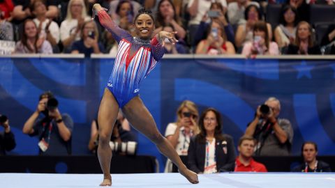 Simone Biles competes in the floor exercise on Day Four of the 2024 U.S. Olympic Team Gymnastics Trials at Target Center on June 30 in Minneapolis, Minnesota.