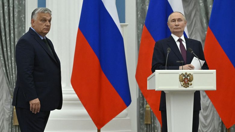 Russia's President Vladimir Putin and Hungary's Prime Minister Viktor Orban deliver a joint press statement following their talks at the Kremlin in Moscow on July 5, 2024.