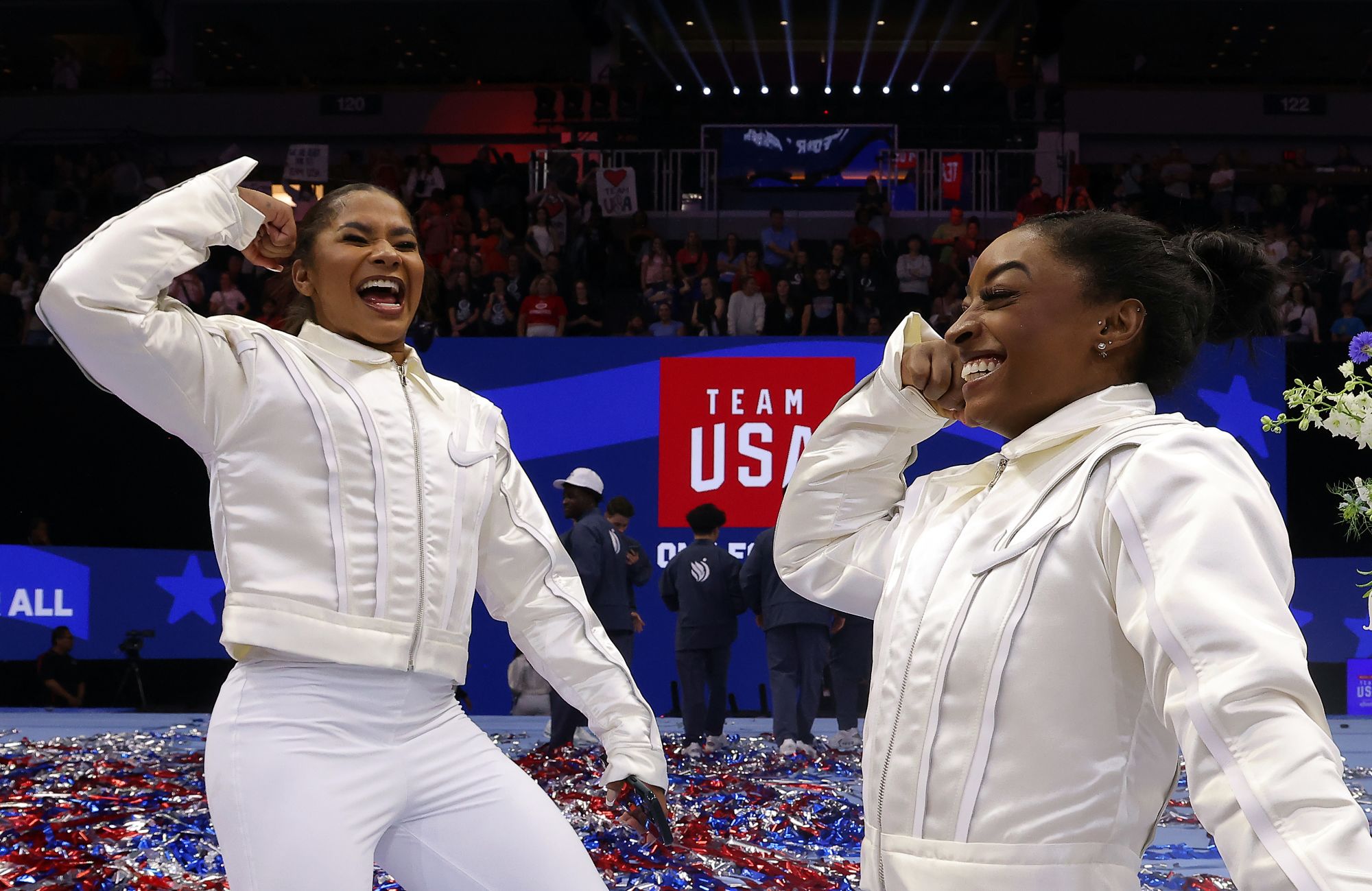 Gymnasts, teammates and friends Jordan Chiles (left) and Simone Biles (right) celebrate after making the 2024 US Olympic Team.