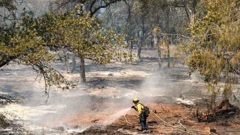 A firefighter extinguishes hotspots along a hillside during the French fire in Mariposa, California on July 5, 2024. The wildfire shut down the main highway to Yosemite National Park as red flag fire warnings and high temperatures continue throughout the state. (Photo by JOSH EDELSON / AFP) (Photo by JOSH EDELSON/AFP via Getty Images)