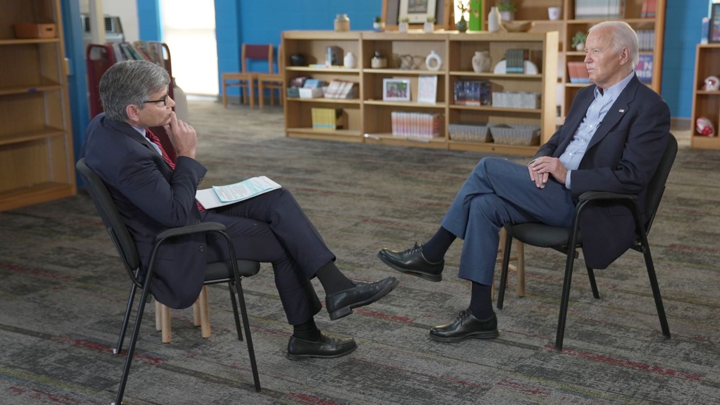 U.S. President Joe Biden speaks with 'This Week' anchor George Stephanopoulos on July 5, 2024, in Madison, Wisconsin. Stephanopoulos was caught on video on July 9 saying that he doesn't believe Biden can serve another four years in office.