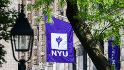 New York University logo is seen in New York's Greenwich Village on July 5th, 2024.