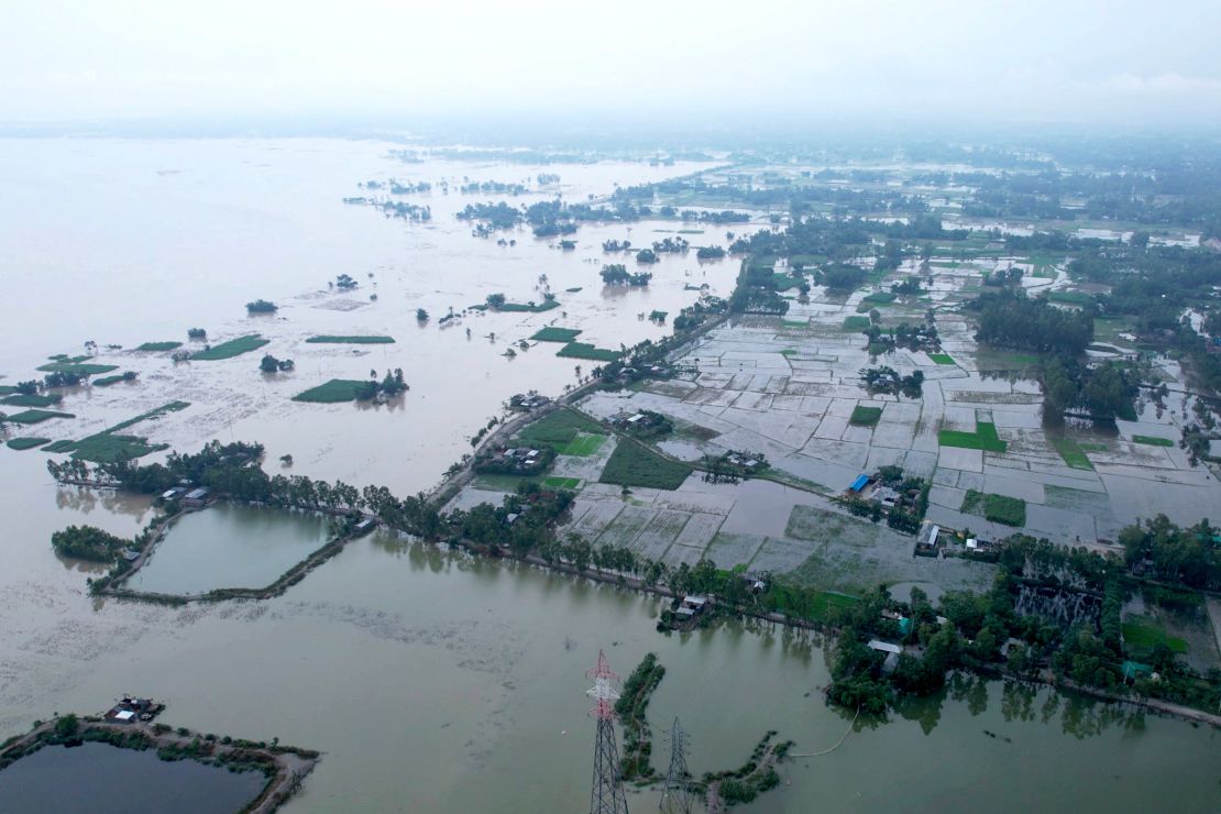 This aerial view shows an area partially submerged in flood at Rangpur district, Bangladesh on July 6, 2024.