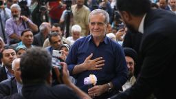 Newly-elected Iranian President Masoud Pezeshkian gestures during a visit to the shrine of the Islamic Republic's founder Ayatollah Ruhollah Khomeini in Tehran on July 6, 2024. Pezeshkian, who advocates improved ties with the West, on July 6 won a runoff presidential election against ultraconservative Saeed Jalili, the interior ministry said.