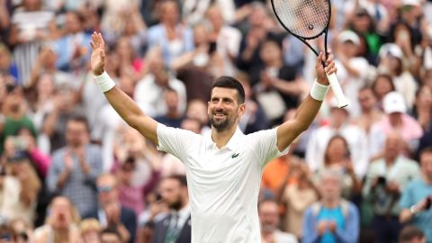 LONDON, ENGLAND - JULY 02: Novak Djokovic of Serbia celebrates winning match point against Vit Kopriva of Czechia in his Gentlemen's Singles first round match during day two of The Championships Wimbledon 2024 at All England Lawn Tennis and Croquet Club on July 02, 2024 in London, England. (Photo by Sean M. Haffey/Getty Images)