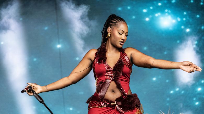 Nigerian singer-songwriter Tems performs on stage at the Roskilde music Festival on July 6, 2024 in Roskilde, Denmark.