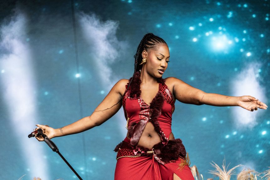 Nigerian singer-songwriter Tems performs on stage at the Roskilde music Festival on July 6, 2024 in Roskilde, Denmark.