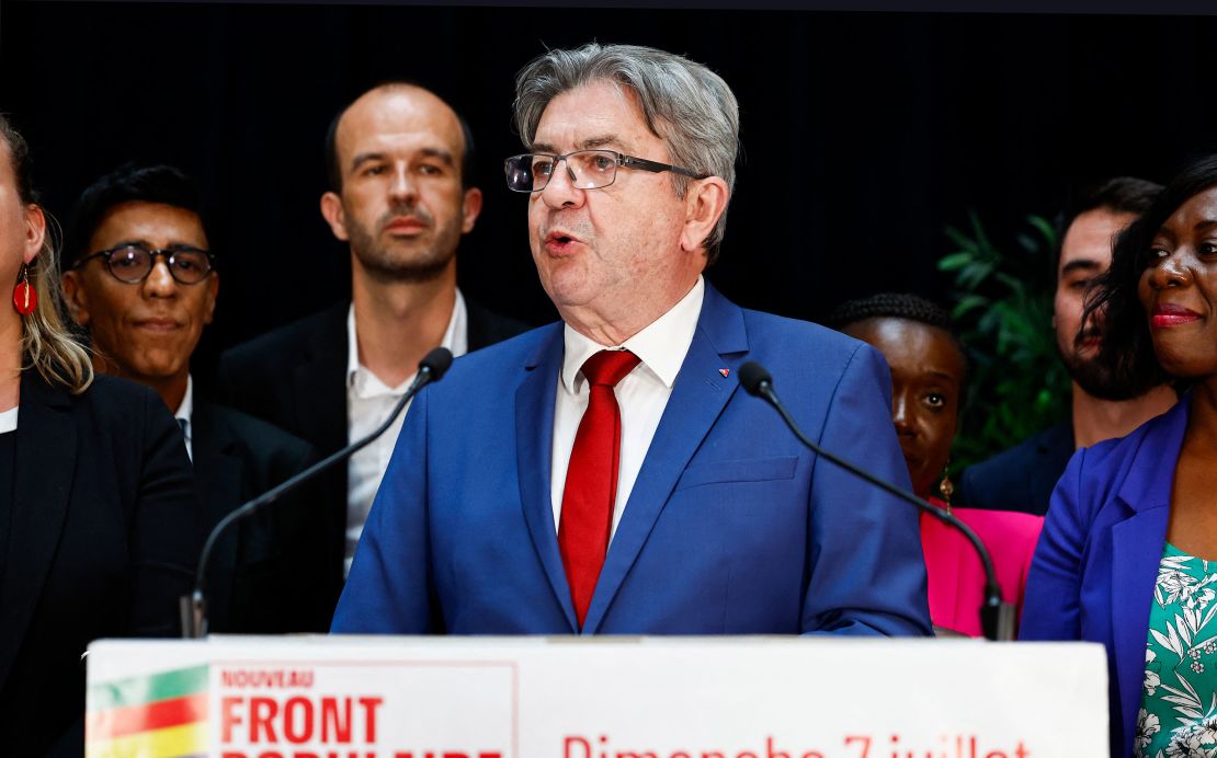 Jean-Luc Mélenchon, leader of France Unbowed, delivers an election night speech at the party headquarters in Paris.