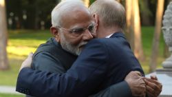 In this pool photograph distributed by the Russian state agency Sputnik, Russia's President Vladimir Putin and Indian Prime Minister Narendra Modi embrace each other during an informal meeting at the Novo-Ogaryovo state residence, outside Moscow, on July 8, 2024. (Photo by Gavriil GRIGOROV / POOL / AFP) (Photo by GAVRIIL GRIGOROV/POOL/AFP via Getty Images)