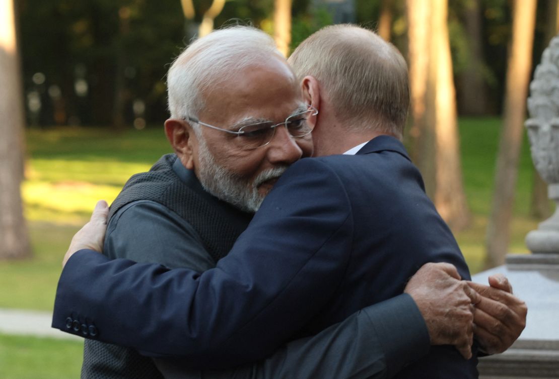 Indian Prime Minister Narendra Modi and Russia's President Vladimir Putin embrace each other at the Novo-Ogaryovo state residence, outside Moscow, on July 8, 2024.