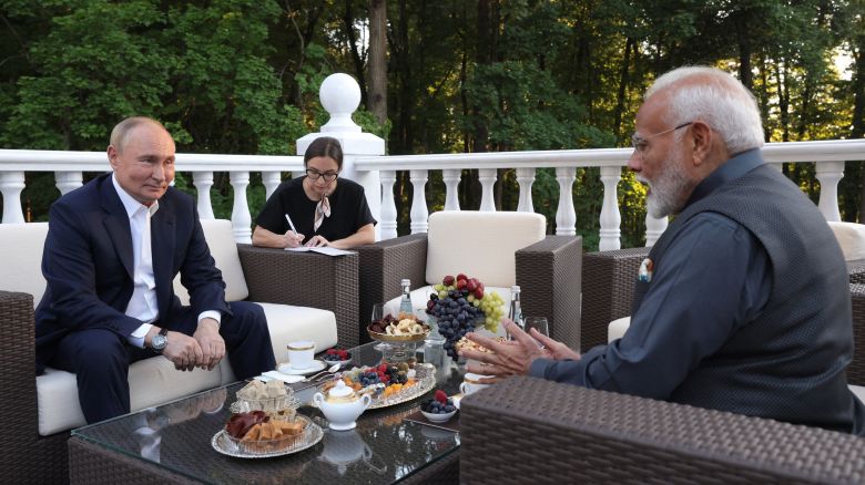 In this pool photograph distributed by the Russian state agency Sputnik, Russia's President Vladimir Putin and Indian Prime Minister Narendra Modi hold an informal meeting at the Novo-Ogaryovo state residence, outside Moscow, on July 8, 2024. (Photo by Gavriil GRIGOROV / POOL / AFP) (Photo by GAVRIIL GRIGOROV/POOL/AFP via Getty Images)