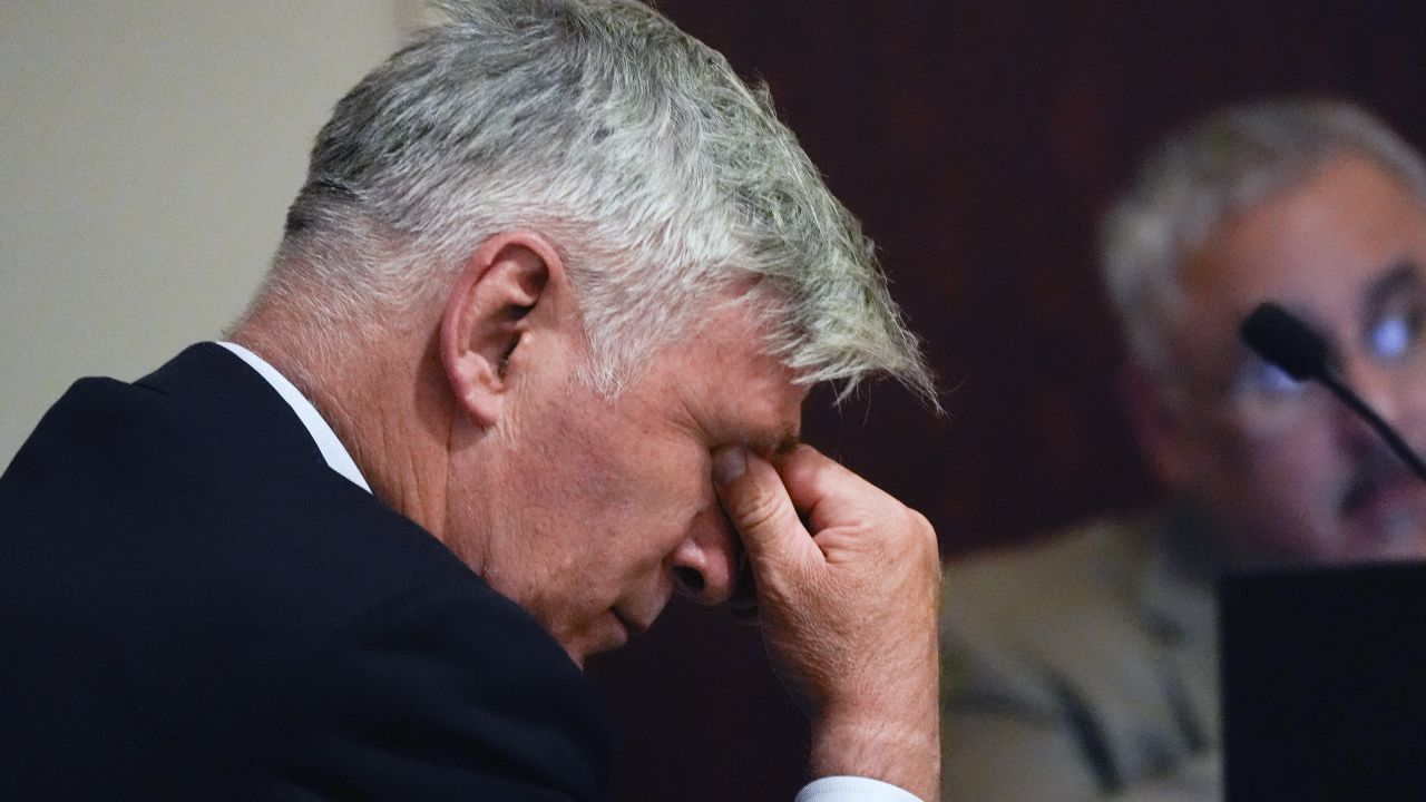 US actor Alec Baldwin wipes his eyes during a pretrial hearing in Santa Fe, New Mexico, on July 8, 2024. Baldwin is facing a single charge of involuntary manslaughter in the death of a cinematographer. In October 2021, on the New Mexico set of his low-budget Western "Rust," a gun pointed by Baldwin discharged a live round, killing the film's cinematographer Halyna Hutchins and wounding its director. (Photo by Ross D. Franklin / POOL / AFP) (Photo by ROSS D. FRANKLIN/POOL/AFP via Getty Images)