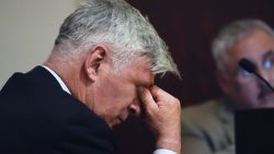 US actor Alec Baldwin wipes his eyes during a pretrial hearing in Santa Fe, New Mexico, on July 8, 2024. Baldwin is facing a single charge of involuntary manslaughter in the death of a cinematographer. In October 2021, on the New Mexico set of his low-budget Western "Rust," a gun pointed by Baldwin discharged a live round, killing the film's cinematographer Halyna Hutchins and wounding its director. (Photo by Ross D. Franklin / POOL / AFP) (Photo by ROSS D. FRANKLIN/POOL/AFP via Getty Images)