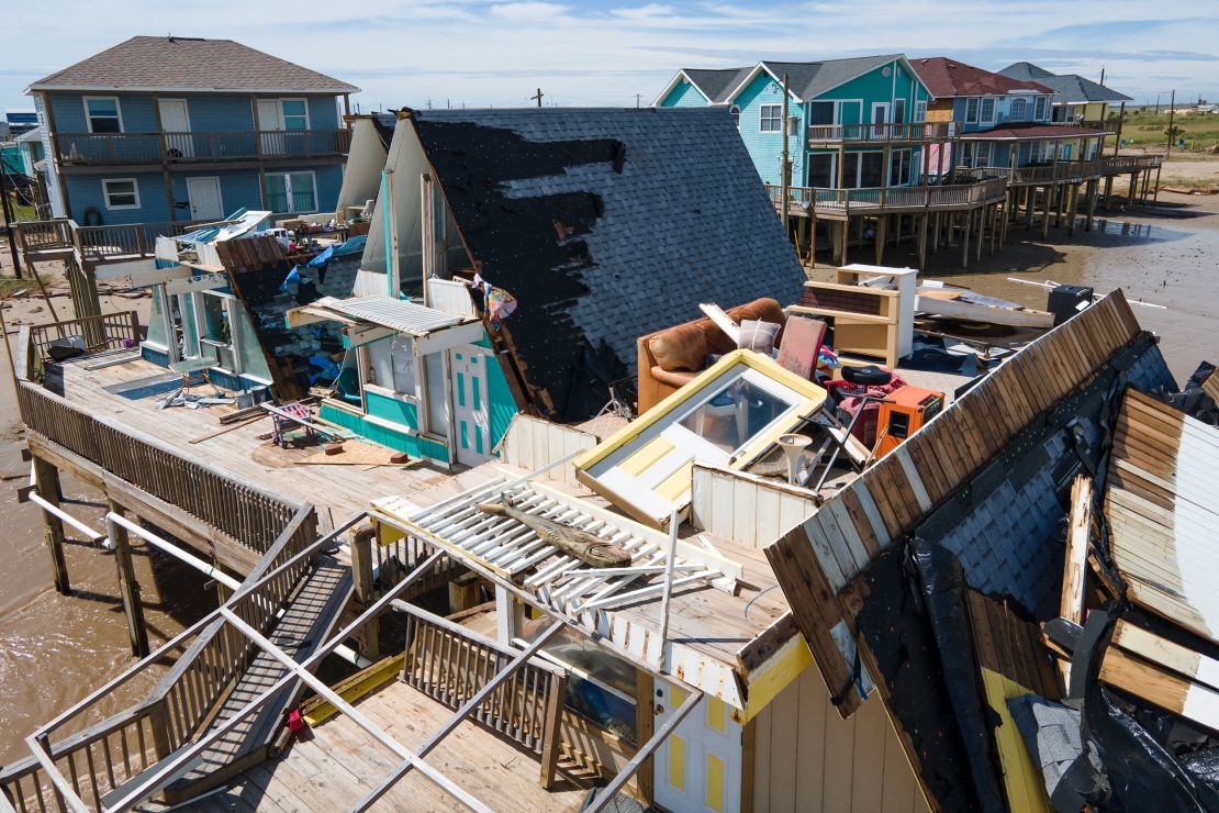 An aerial view shows a destroyed home in Surfside Beach, Texas, on July 8, 2024, after Hurricane Beryl made landfall.