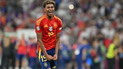 Spain's forward #19 Lamine Yamal celebrates at the end of the UEFA Euro 2024 semi-final football match between Spain and France at the Munich Football Arena in Munich on July 9, 2024. (Photo by MIGUEL MEDINA / AFP) (Photo by MIGUEL MEDINA/AFP via Getty Images)