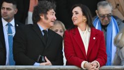 Argentina's President Javier Milei and his Vice-President Victoria Villarruel chat during a military parade marking the 208th anniversary of the independence of Argentina from Spain in Buenos Aires on July 9, 2024. (Photo by LUIS ROBAYO / AFP) (Photo by LUIS ROBAYO/AFP via Getty Images)