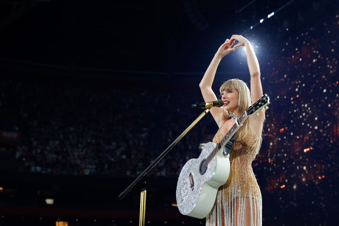 Taylor Swift performing the Eras Tour in Amsterdam in July.