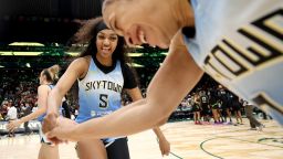 Angel Reese and Chennedy Carter of the Chicago Sky celebrate their 88-84 win against the Seattle Storm at Climate Pledge Arena in Seattle, Washington on July 05, 2024.