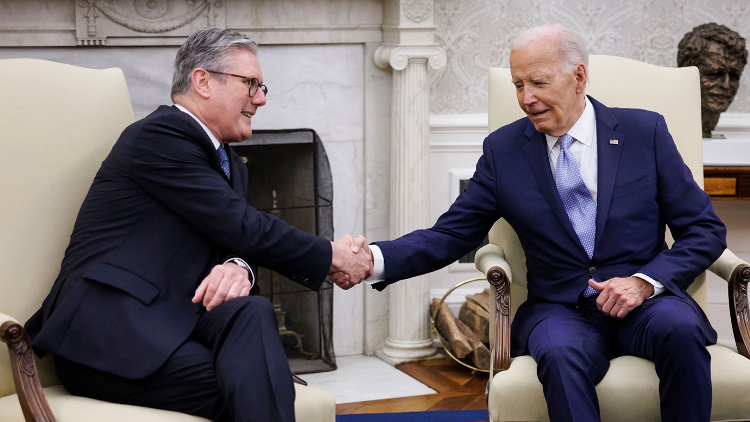 US President Joe Biden and UK Prime Minister Keir Starmer shake hands during a bilateral meeting at the White House on July 10, 2024.