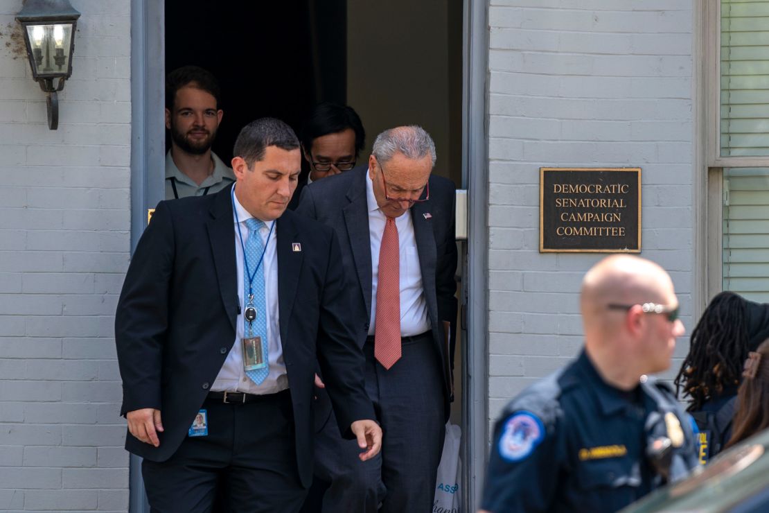 Senate Majority Leader Chuck Schumer leaves after a private meeting between Senate Democrats and President Joe Biden's senior advisors Mike Donlion, Steve Richetti and campaign chair Jen O'Malley Dillon at the Democratic Senatorial Campaign Committee on July 11, 2024 in Washington, DC.