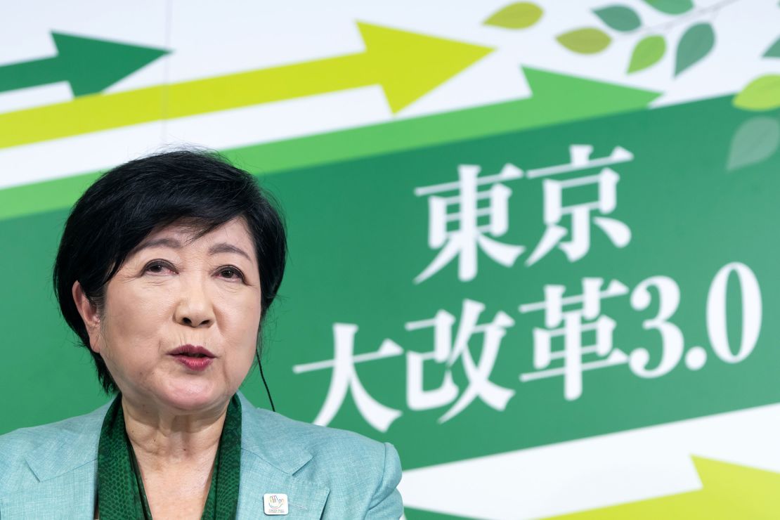 Tokyo Governor Yuriko Koike speaks to the media after winning the Tokyo gubernatorial election in Tokyo, Japan, on July 07, 2024.