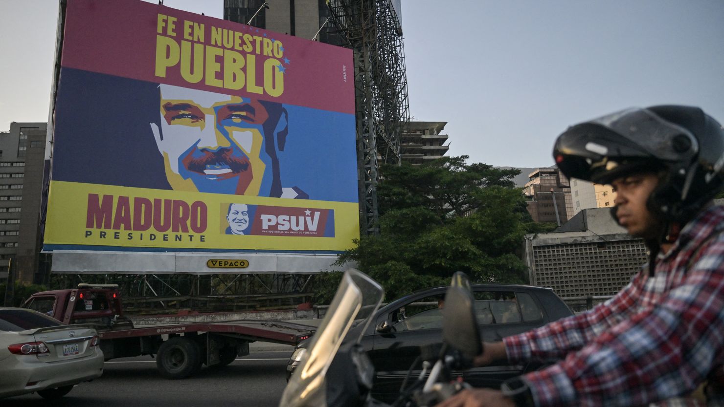 A banner of Venezuelan President and presidential candidate Nicolas Maduro is pictured in Caracas, taken on July 11, 2024. Venezuela will hold presidential elections on July 28. (Photo by Juan BARRETO / AFP) (Photo by JUAN BARRETO/AFP via Getty Images)